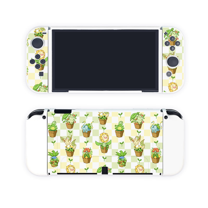 The Pokepots Case for Nintendo Switch by petimint features a custom skin with adorable plant-themed characters and designs arranged in a grid pattern on a white background. The case, in white color, includes protection for both the screen and detachable controllers, all decorated with the same cheerful motif—perfect for any cozygamer.