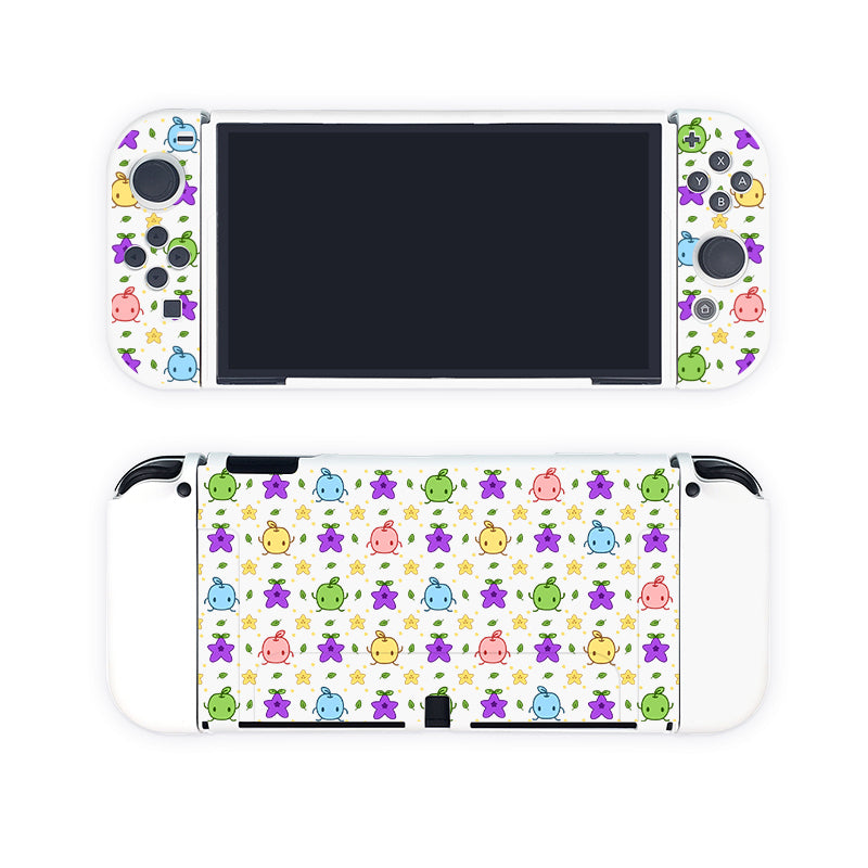 The Junimos Case for Nintendo Switch by petimint features a colorful, cartoonish pattern of adorable small creatures in green, blue, yellow, purple, and pink. Perfect for the cozygamer, the top view highlights the display screen and controls while the bottom reveals the charmingly patterned back cover.