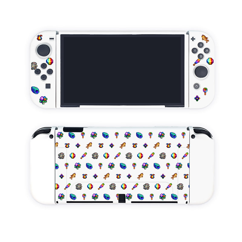 The Rainbow Stardew Items Case for Nintendo Switch by petimint features a white console adorned with colorful stickers, including rainbows, clouds, flowers, and other small playful designs. The screen remains black, creating a vibrant and whimsical aesthetic—perfect for any gamer seeking a touch of fun.