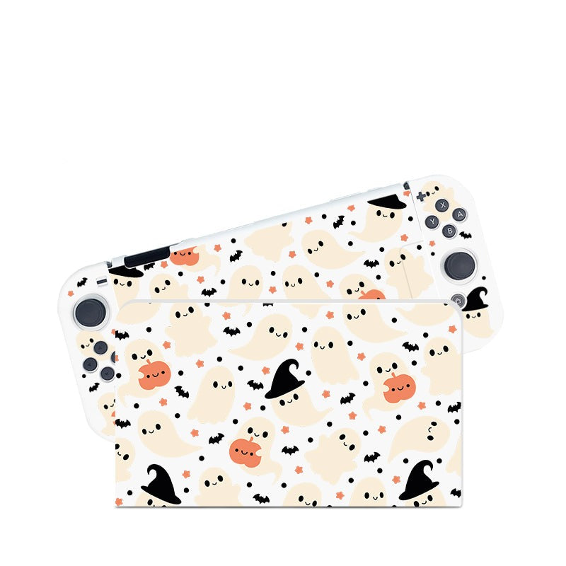 A cozygamer's delight: the petimint Spooky Ghost Case for Nintendo Switch, featuring a Halloween-themed skin with smiling ghosts, bats, jack-o'-lanterns, and stars. Some ghosts don black witch hats against a white background. This enchanting design adorns both the console and the controllers.