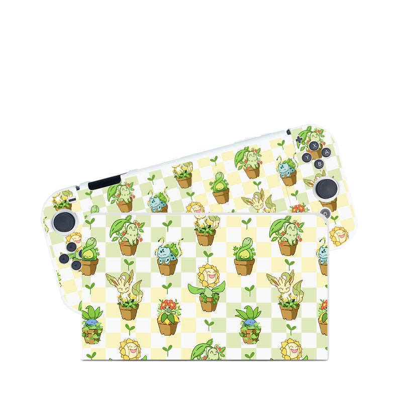 The Pokepots Case for Nintendo Switch by petimint is decorated with a patterned skin featuring small potted plants. Each plant pot contains a unique animated creature with varying expressions and features. The background consists of a yellow and white checkerboard pattern, perfect for the cozy gamer looking to personalize their gaming experience.