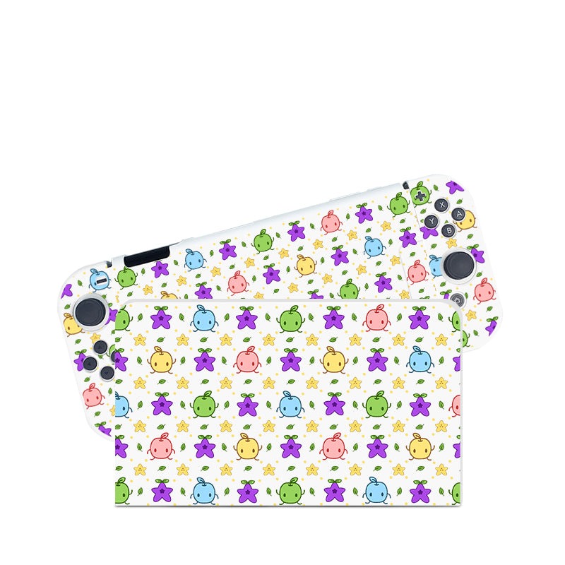 Introducing petimint's Junimos Case for Nintendo Switch: a whimsical, colorful design featuring a repeating pattern of cute, smiling characters in vibrant hues of green, yellow, pink, blue, and purple. This delightful case covers the entire console and its controllers, making it perfect for any gamer.