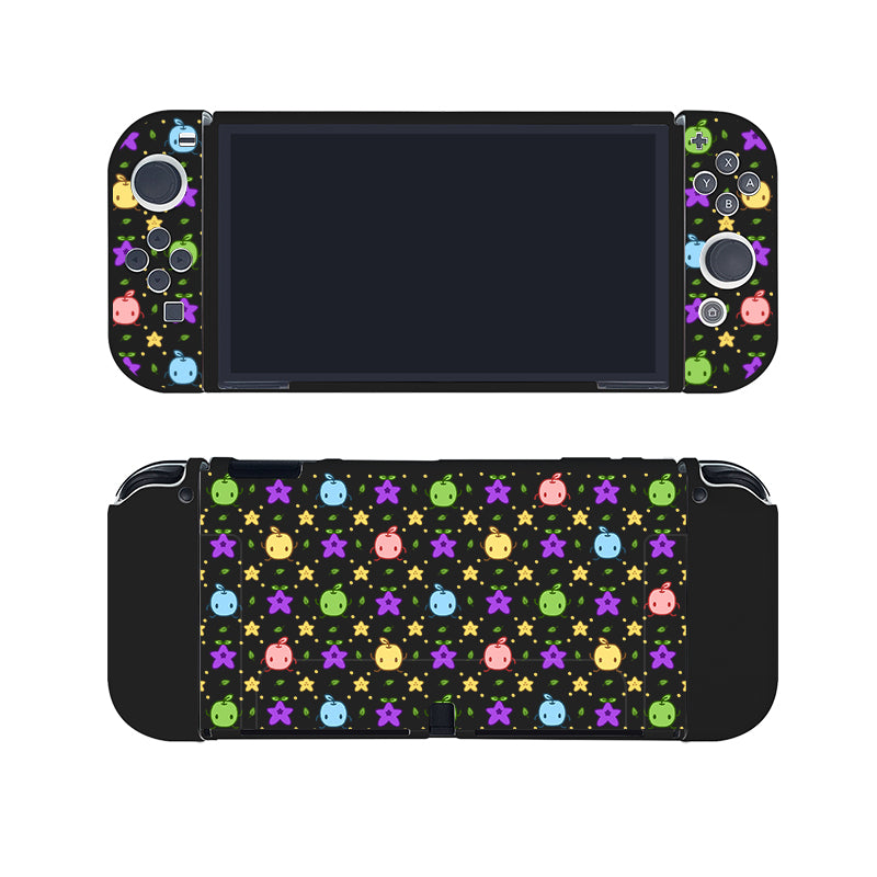 The Junimos Case for Nintendo Switch by petimint is a handheld gaming console accessory featuring a colorful design with various small, cartoonish animals and stars on a black background. The pattern includes evenly distributed animals in blue, green, pink, and yellow hues.