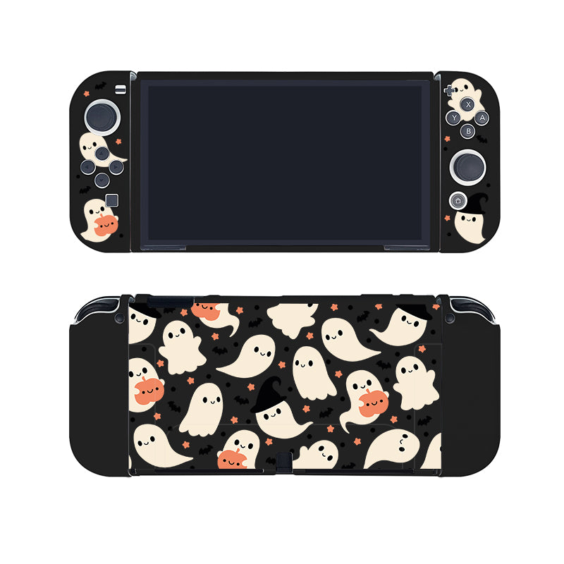 The Spooky Ghost Case for Nintendo Switch by petimint is a handheld gaming console accessory adorned with a playful Halloween-themed skin. It features cute ghost illustrations and small orange stars on a black background, covering both the front and back sections of the console—an ideal choice for the cozygamer.