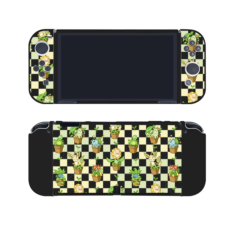 Introducing the Pokepots Case for Nintendo Switch by petimint, a gaming accessory adorned with a delightful design of various potted plant characters arranged in a charming checkered pattern. The front showcases the screen encircled by buttons, while the back features an array of plant characters against the same playful background—ideal for any cozygamer who loves their Nintendo Switch.