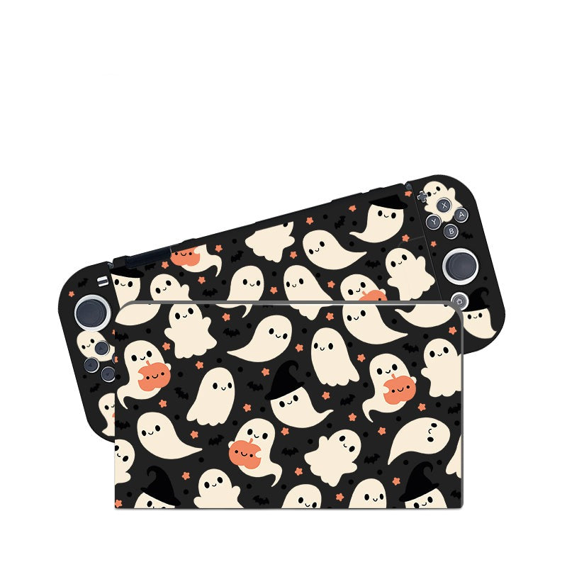 The Spooky Ghost Case for Nintendo Switch by petimint features a festive Halloween-themed design. Cute, smiling ghosts in white and orange hues, along with tiny stars and witch hats, are scattered on a black background that covers the gaming device. The image showcases both the front and back view of this playful case.