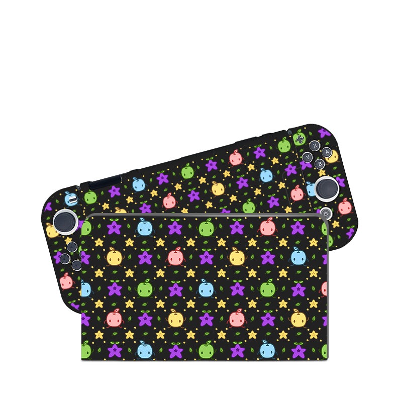 The Junimos Case for Nintendo Switch by petimint is a black handheld gaming console adorned with colorful cartoon fruit and star patterns, making it perfect for any cozygamer. The design showcases green apples, pink strawberries, purple grapes, and yellow stars scattered across the surface. The console features buttons and analog sticks.