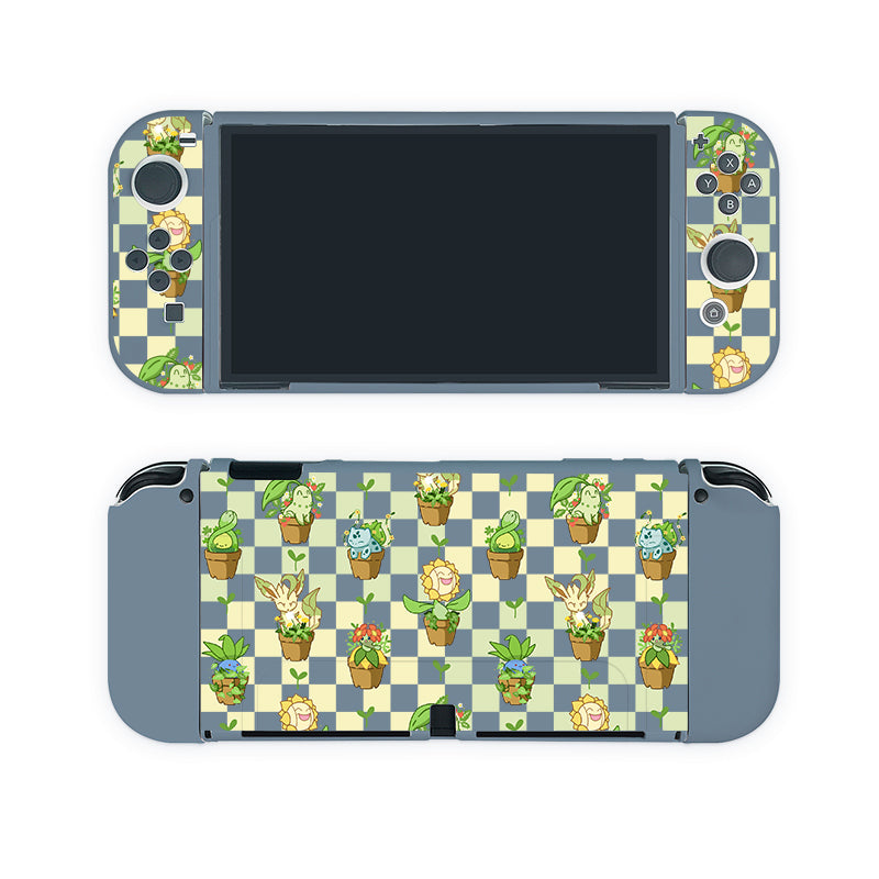 Introducing the Pokepots Case for Nintendo Switch by petimint. This handheld gaming console accessory features a decorative skin adorned with various small potted plants, each with adorable faces. Set against a charming grid-patterned background, this design is perfect for any gamer. The case showcases views of both the front and back of the console, ensuring your device looks great from every angle.