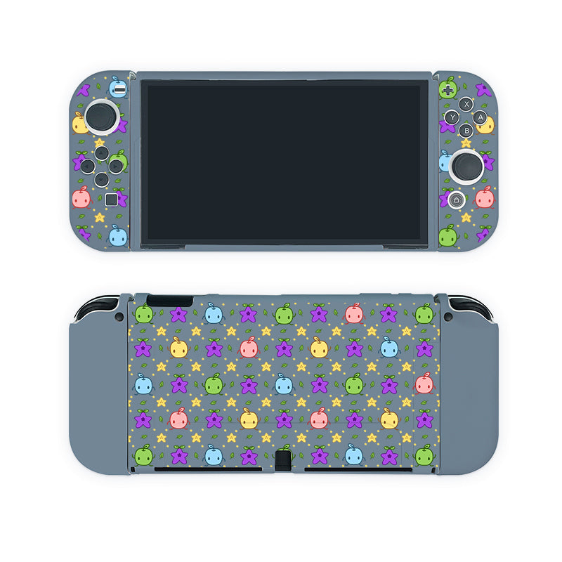 A Junimos Case for Nintendo Switch by petimint and its detachable controllers are shown in the image. The case and controllers are adorned with a colorful, repeating pattern of cute, cartoon-style animal faces including cats, frogs, bears, and stars on a gray background. Perfect for the cozygamer.