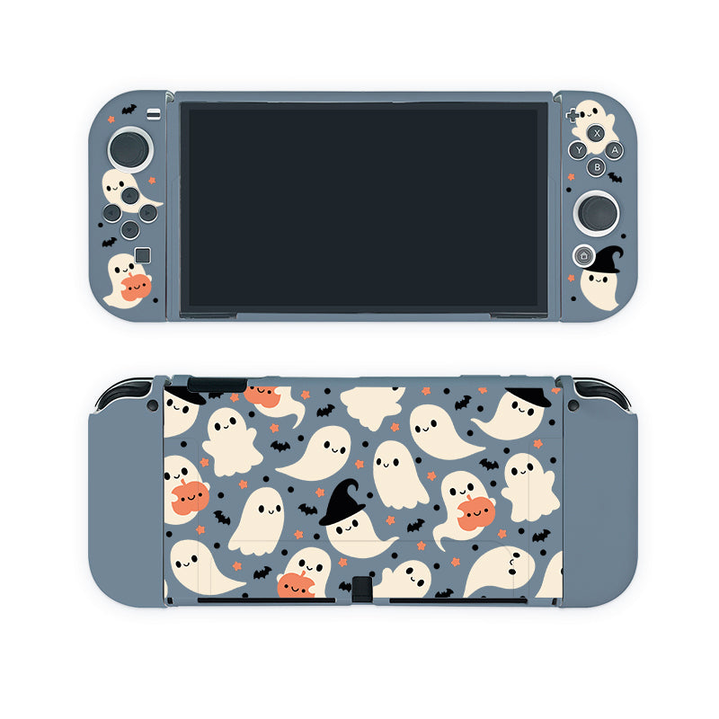 The Spooky Ghost Case for Nintendo Switch by petimint is a handheld gaming console case with a gray background featuring a pattern of cute white ghosts, some donning witch hats, alongside small orange pumpkins and black bat illustrations. The design covers the backside and partial front edges, making it perfect for any cozy gamer.