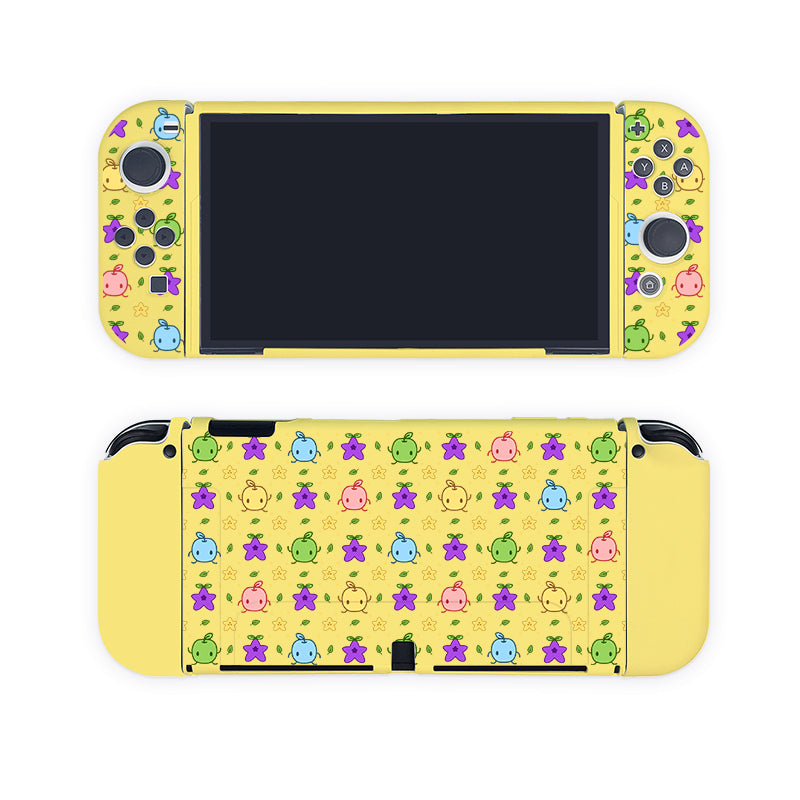 A cozygamer's delight, the petimint Junimos Case for Nintendo Switch features a charming yellow exterior adorned with small, colorful cartoon animals. The black screen and joy-cons are decorated with a variety of pastel-hued characters like frogs, birds, and stars, making it the perfect accessory for gaming enthusiasts.