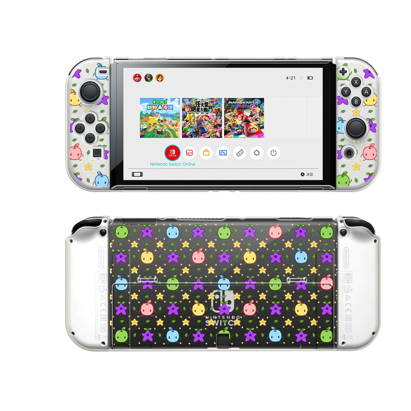 The Junimos Case for Nintendo Switch by petimint features a vibrant and colorful design. The front showcases the user interface with game icons and a notification for Nintendo Switch Online, while the back displays a pattern of brightly colored creatures against a dark background, making it an ideal addition to any gaming enthusiast's collection.