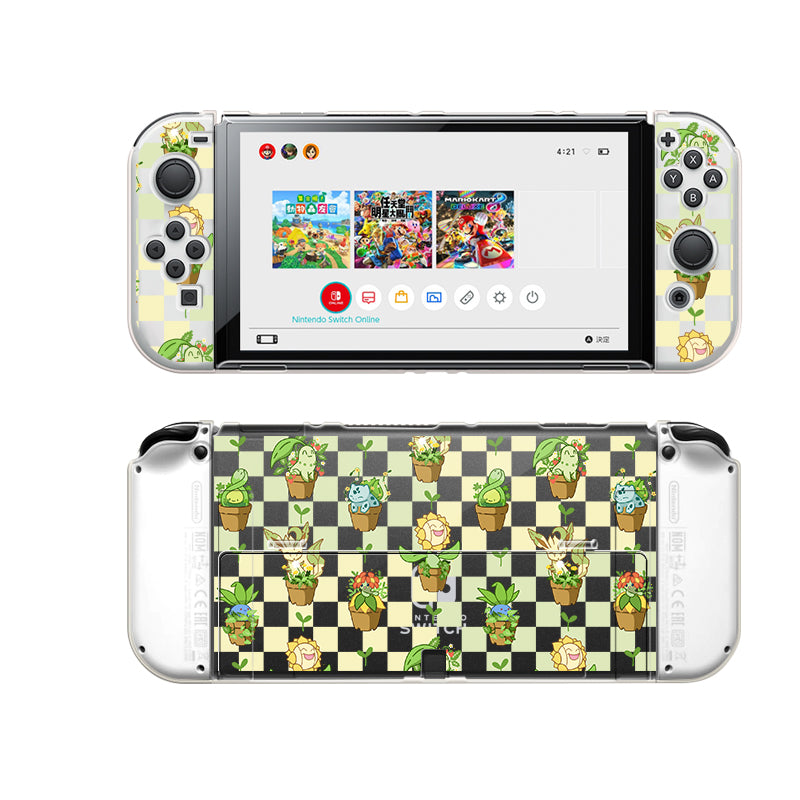 Get the Pokepots Case for your Nintendo Switch from petimint, featuring a charming and clear plant-themed design, perfect for any cozygamer. This case allows you to see the home screen with game icons like Mario Kart while showcasing an array of cartoon plants on a checkered background on both the back of the console and controllers.