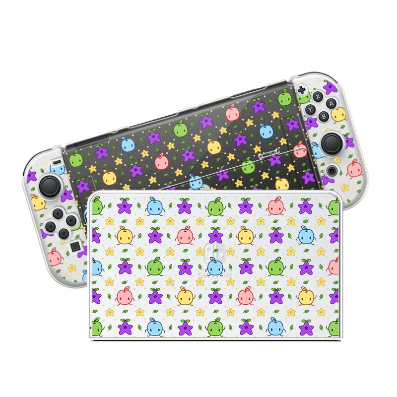 A cozygamer's paradise: The Junimos Case for Nintendo Switch by petimint is adorned with colorful, cute character stickers including stars, dots, and various creatures like frogs and cats. The Nintendo Switch console and its detachable controllers feature the same playful pattern. Perfect for those who love fun aesthetics!