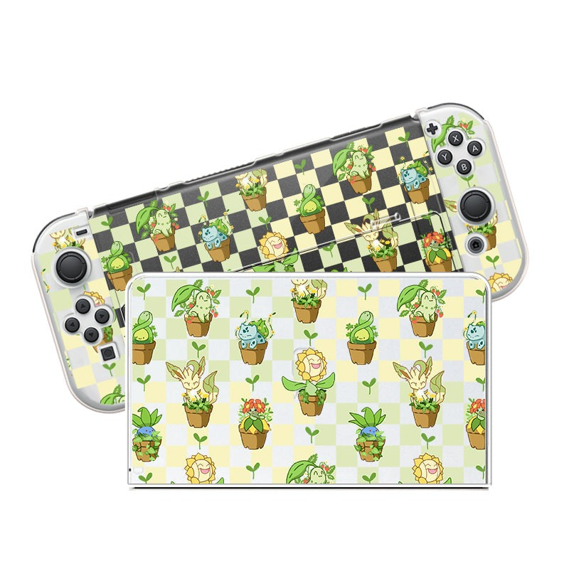 Introducing the Pokepots Case for Nintendo Switch by petimint: a delightful case with detachable controllers adorned in whimsical patterns of playful plants and creatures. This unique design features various potted plants with eyes and fun vines set against a checkered background in shades of yellow and green, perfect for any gamer who loves one-of-a-kind gear.