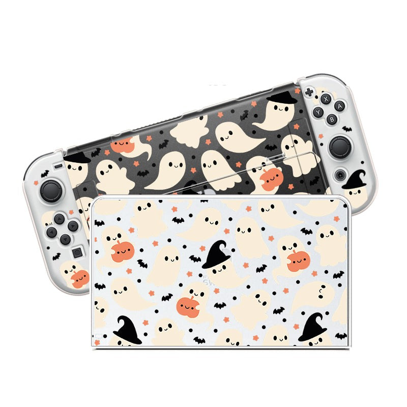 Two handheld gaming consoles are showcased, adorned with petimint's Spooky Ghost Case for Nintendo Switch. These cases feature a lively Halloween-themed design with white, black, and orange cartoon ghosts, bats, pumpkins, and witch hats on both light and dark backgrounds. Ideal for any gamer wanting to add a festive touch to their Nintendo Switch.