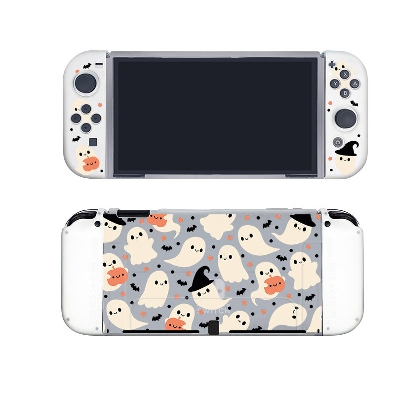 The Spooky Ghost Case for Nintendo Switch by petimint is a semi-clear, white handheld gaming console accessory adorned with a Halloween-themed design. It features cute illustrations of ghosts, pumpkins, witch hats, and bats on a light gray background. Perfect for any gamer with a spooky sense of style. The screen remains blank while the console buttons are visible on both sides.