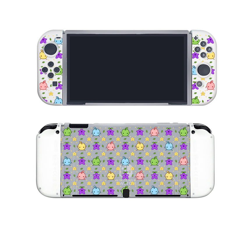 The Junimos Case for Nintendo Switch by petimint is a handheld gaming console accessory designed for the avid gamer. It features custom skins adorned with colorful, small cartoon creatures and stars. The front skin surrounds the screen, while the back showcases a repeated pattern of these whimsical figures in pastel hues, making it a perfect match for your Nintendo Switch.