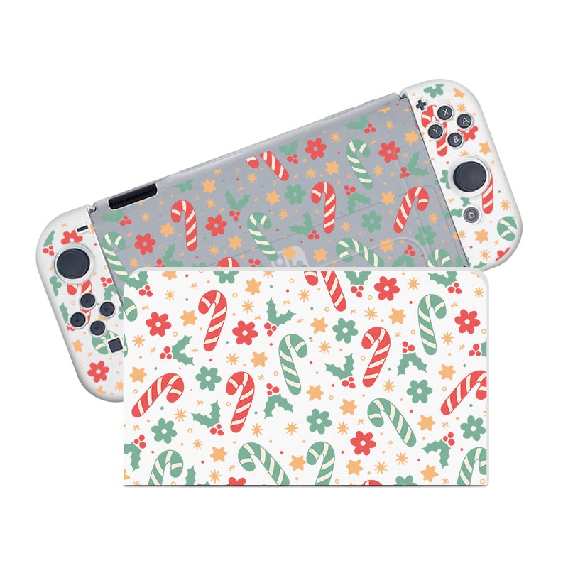 A Nintendo Switch adorned with petimint's Candy Cane Case, featuring semi-clear decorative covers with a festive design of red and green candy canes, accompanied by red, green, and yellow flowers on a white background. Perfect for any cozygamer, these covers embellish both the handheld device and its dock.