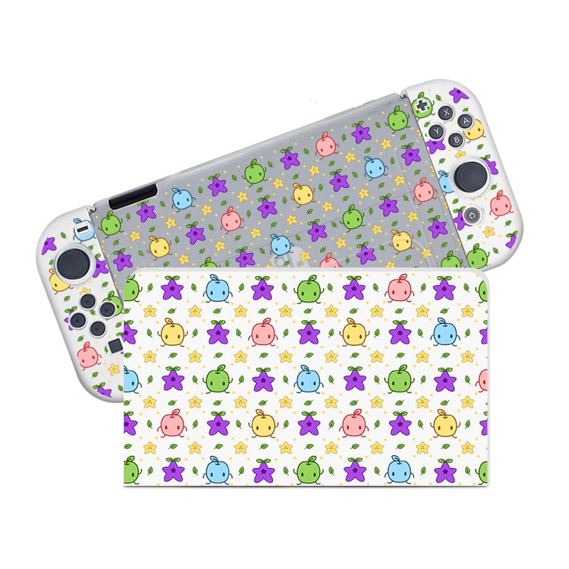 The Junimos Case for Nintendo Switch by petimint is a delightful handheld console accessory featuring controllers and a stand. It showcases a vibrant, playful pattern of adorable green, pink, purple, and yellow characters scattered evenly on a light gray background on the console and a white background on the stand—an ideal choice for any gamer.