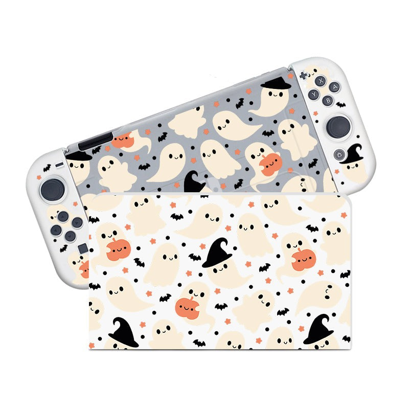 Introducing the Spooky Ghost Case for Nintendo Switch by petimint, featuring a playful Halloween-themed design. The pattern consists of cute, cartoon ghosts, pumpkins, bats, and stars in black, orange, and white against light grey and white backgrounds—perfect for any gaming apparel collection.