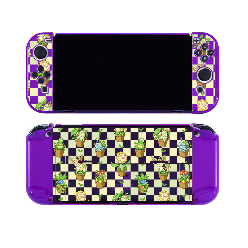 Introducing the Pokepots Case for Nintendo Switch by petimint, the perfect accessory for the cozygamer! This handheld gaming console case features a decorative purple and black checkered design adorned with cute plant characters in pots. The front screen is black, while the purple clear case boasts a delightful pattern with these charming plant characters repeatedly printed on it.