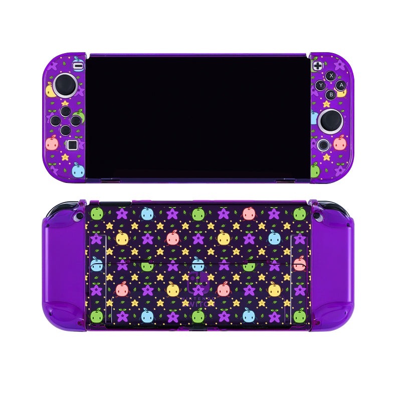 Introducing the Junimos Case for Nintendo Switch by petimint. This handheld gaming console features purple Joy-Con controllers and a beautifully decorated back panel showcasing a colorful pattern of starfish and various round, smiling creatures in different colors. Perfect for any gamer, this Nintendo Switch has its screen black and turned off, making it ready for your next gaming session.