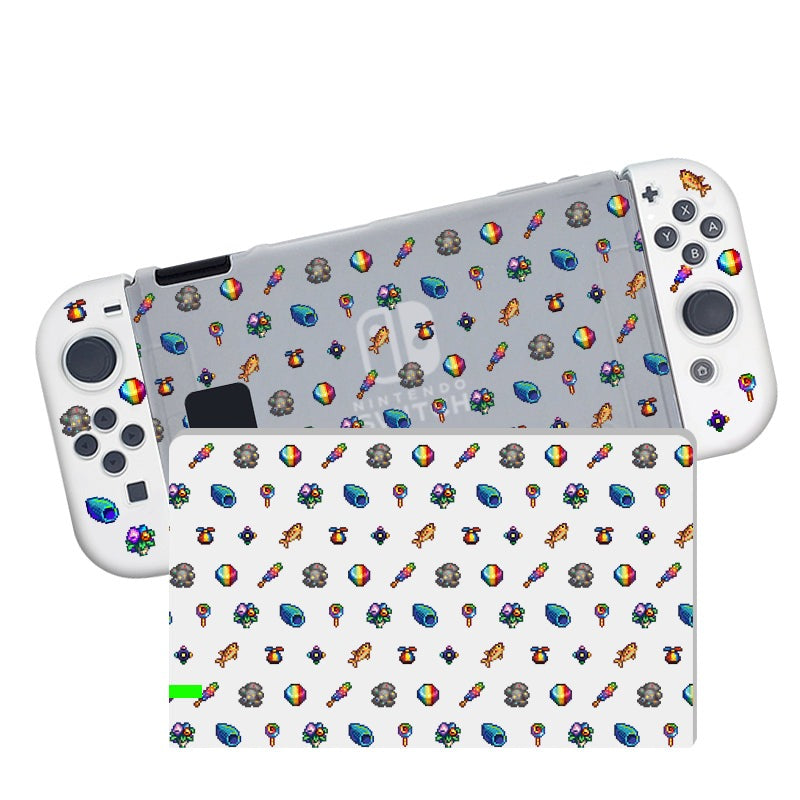 The Nintendo Switch is encased in a semi-clear Rainbow Stardew Items Case from petimint, featuring custom skin designs with various small, colorful pixel art icons such as rainbows, animals, gems, and more. The Joy-Cons and the dock are also covered with this cohesive skin that any gamer would appreciate.