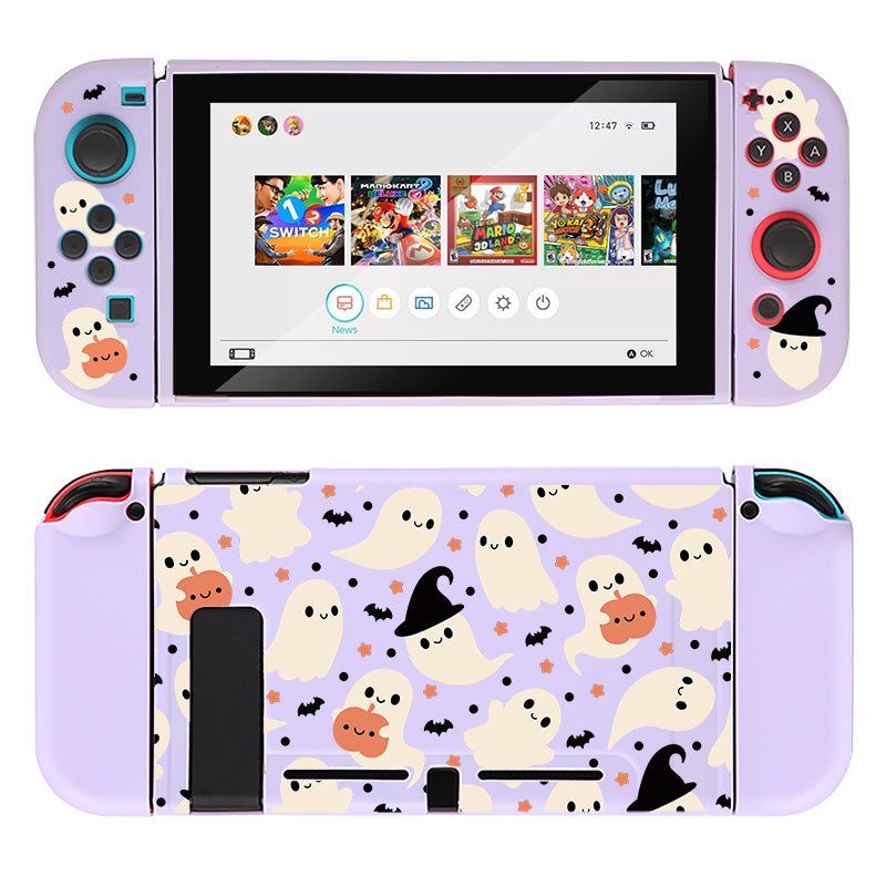 A Spooky Ghost Case for the Nintendo Switch by petimint in purple, featuring a lavender-colored ghost-themed design. The front showcases the console with various game icons on the screen, while the back displays an enchanting pattern of white ghosts wearing black witch hats and small black bats against the lavender backdrop, making it perfect for any cozygamer.