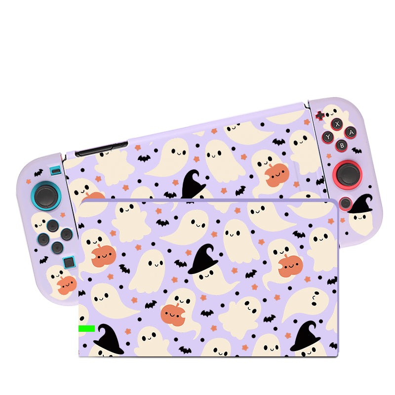 The Spooky Ghost Case for Nintendo Switch by petimint is adorned with a Halloween-themed design featuring cute white ghosts, black bats, and stars on a pastel purple background. Some of the ghosts even have hats, making it perfect for the cozygamer. Both the console and Joy-Cons display this festive design, ensuring your gaming setup is stylishly spooky.