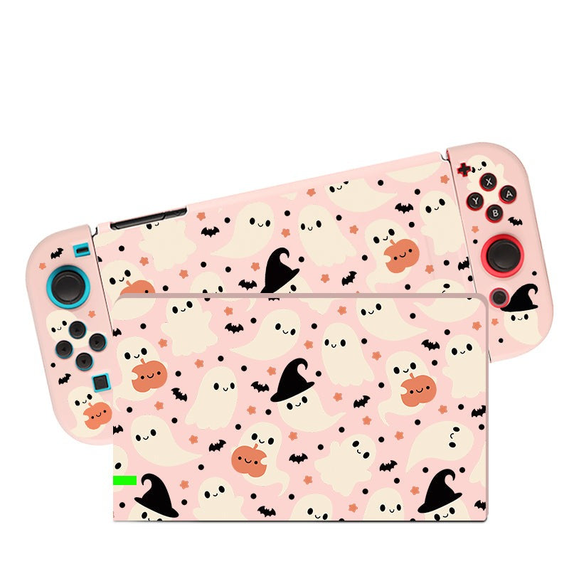 Introducing the Spooky Ghost Case for Nintendo Switch by petimint. This Pink gaming console case comes with themed controllers and is decorated with cute illustrations of ghosts, bats, stars, and pumpkins wearing witch hats on a pastel pink background. The playful and festive design is perfect for any gamer looking to celebrate the spooky season in style.