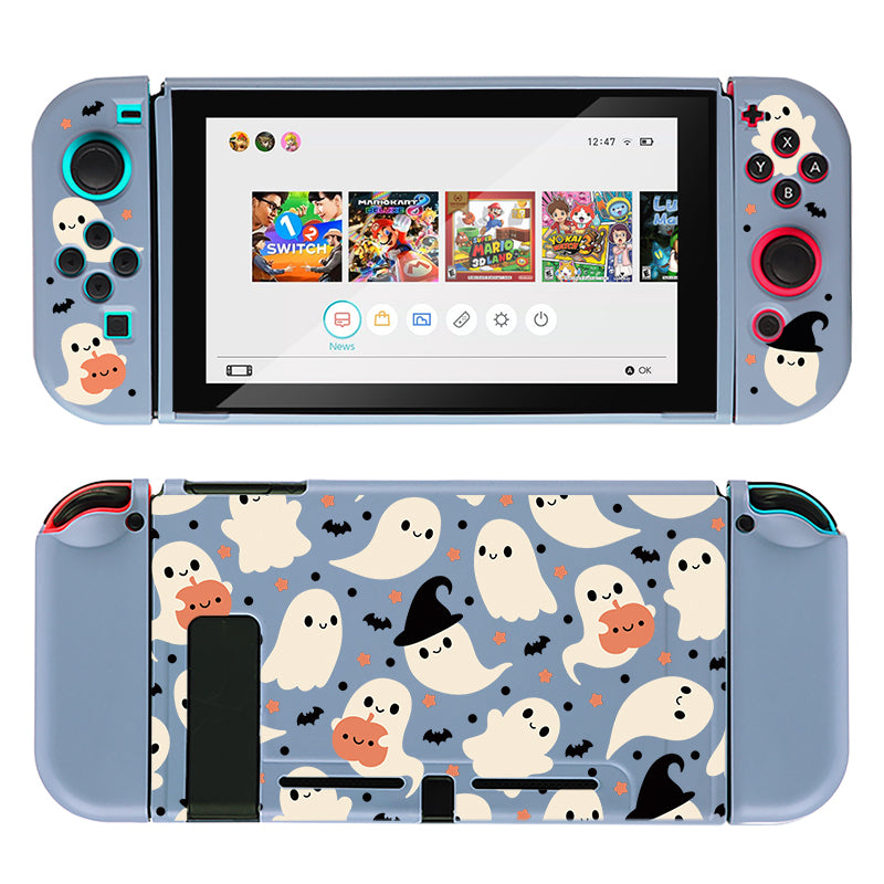 Displayed is a Nintendo Switch adorned with the Spooky Ghost Case by petimint. The grey handheld gaming console showcases ghost-themed decals, with a screen displaying game icons like "Super Mario Odyssey" and "The Legend of Zelda: Breath of the Wild." Ideal for any cozygamer, its body and controllers feature adorable ghost and bat illustrations.