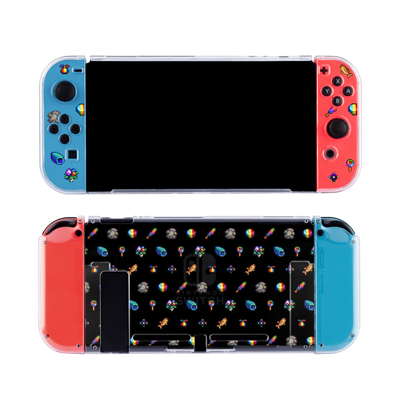 A Nintendo Switch adorned with a Rainbow Stardew Items Case from petimint, featuring detachable controllers where the left one is blue and the right one is red. The clear case showcases colorful game-themed icons and characters on the black background of the console, making it perfect for any gamer. The console screen is black and turned off.