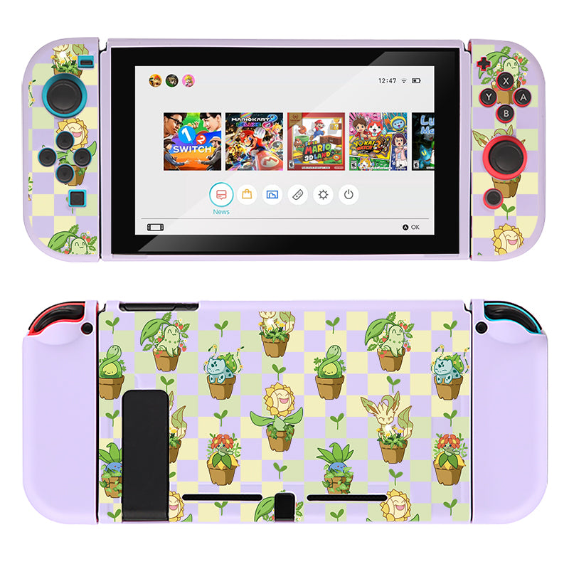 A Nintendo Switch console adorned with the petimint Pokepots Case, showcasing a delightful decorative skin. The case features a pale purple and white checkered background with adorable images of Pokémon like Bulbasaur and Oddish nestled in flower pots. Perfect for the cozygamer, the home menu with game icons is visible on the screen.