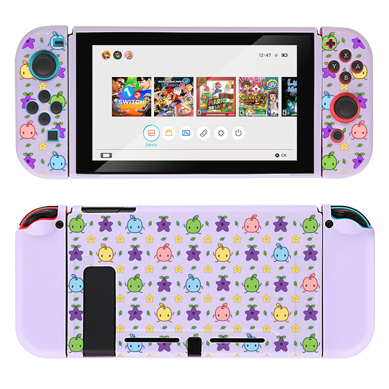 Introducing the Junimos Case for Nintendo Switch by petimint, a handheld gaming console accessory in a charming lilac color. This product features a decorated skin cover adorned with small, colorful characters, making it perfect for any gamer. The front screen displays a game selection menu with various game icons, while the back cover showcases a delightful repeating pattern of colorful character icons set against a light background.