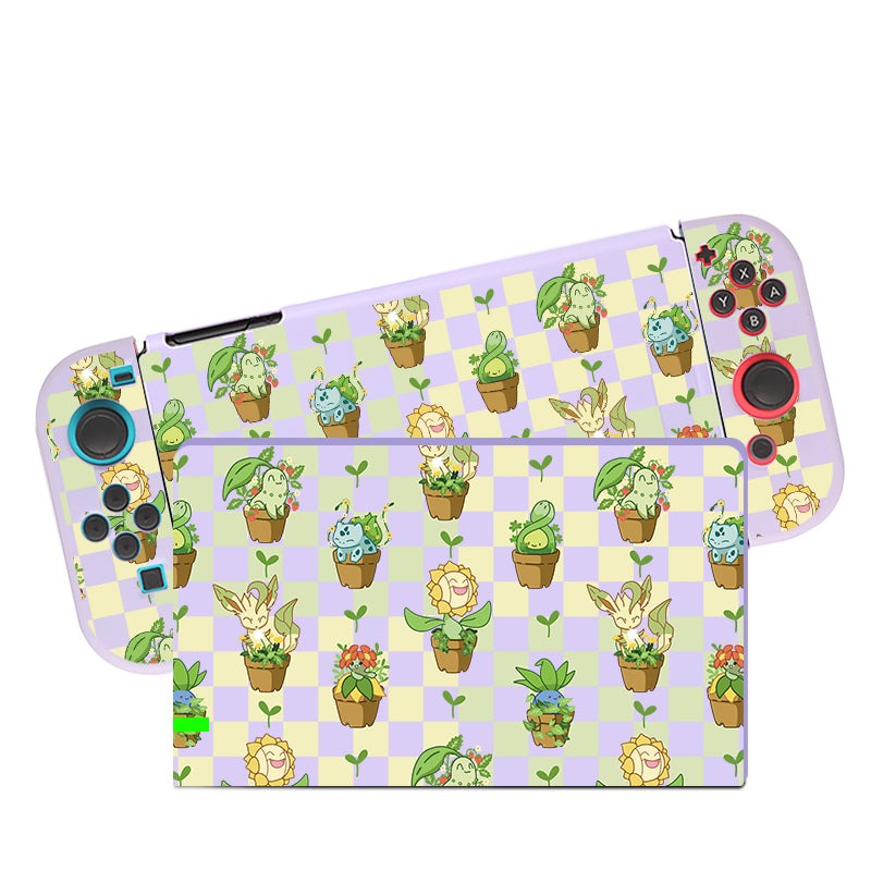 A cozygamer's dream, the Pokepots Case for Nintendo Switch by petimint showcases floral-themed Pokémon illustrations on a pastel checkered background. The whimsical, nature-inspired design in lilac features Bulbasaur, Pikachu, and Eevee each nestled in charming plant pots.