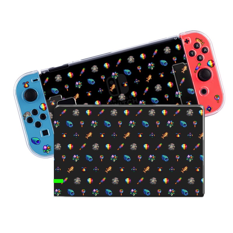 A Nintendo Switch adorned with colorful Joy-Con controllers—a blue one and a red one—rests on its matching dock. Both the console and the dock are decorated with a black background featuring vibrant, playful graphics like rainbows, rockets, and other whimsical designs, perfect for enhancing any cozygamer's setup. The entire ensemble is protected by the clear Rainbow Stardew Items Case from petimint.