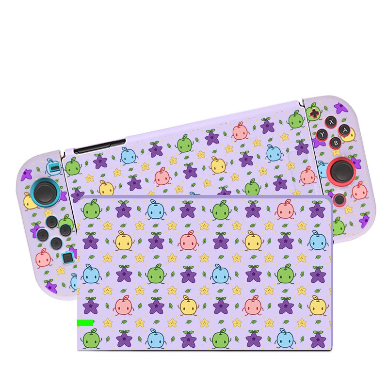 Introducing the Junimos Case for Nintendo Switch by petimint – a handheld gaming console accessory boasting a colorful, playful design perfect for any cozygamer. The case is adorned with charming cartoon characters, such as green turtles, purple starfish, yellow birds, and stars on a delightful lilac background.