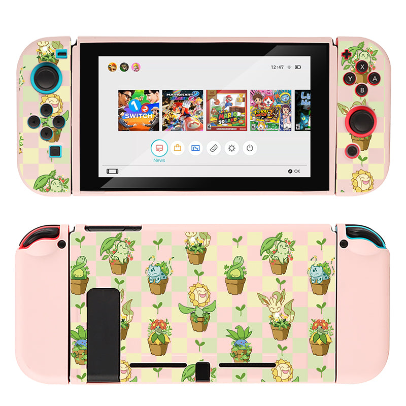 A Pokepots Case for Nintendo Switch by petimint in pink is perfect for any gamer. The console screen displays the game selection menu, including icons for multiple games. With its stylish design featuring pastel pink and vibrant Pokémon-themed elements, this case adds a trendy touch to your gaming gear.