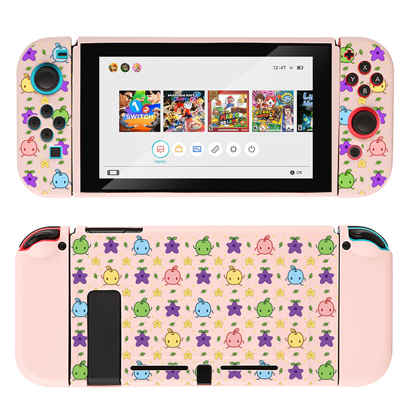 A Nintendo Switch console adorned with a petimint Junimos Case in pink, featuring a whimsical cartoon-themed design with stars and various colorful characters. Ideal for the cozy gamer, the screen showcases game icons including "Super Mario Party" and "Mario Kart 8 Deluxe." The console also boasts colorful buttons and dual joy-cons.