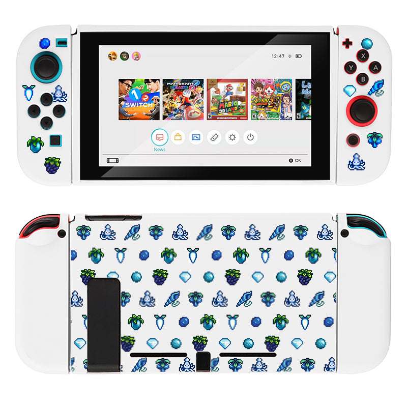 Check out the Blue Stardew Items Case for Nintendo Switch by petimint! This gaming console case features removable controllers on either side, and the front screen displays a diverse game library. The back and controllers are adorned with a custom skin showcasing blue, green, and black pixel art icons of characters, diamonds, and creatures on a white background. It's perfect for the #cozygamer.