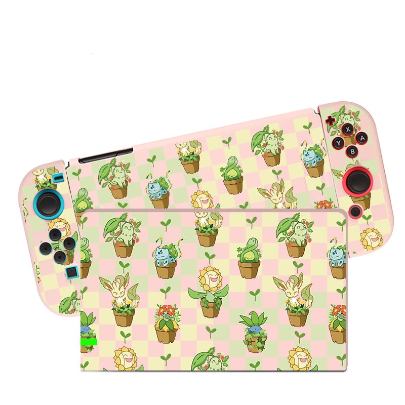 Introducing the Pokepots Case for Nintendo Switch by petimint—this stunning handheld gaming console accessory comes in pastel pink and features a white checkered pattern embellished with charming, plant-themed cartoon characters. Ideal for dedicated gamers, these custom skins cover both the controllers and the screen's rim, showcasing delightful images of potted plants with playful expressions.