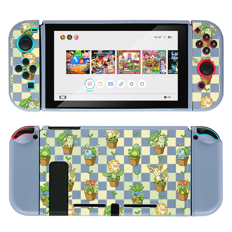 A grey Pokepots Case for the Nintendo Switch by petimint, featuring a custom green and cream checkerboard design adorned with various plant and flower characters on the front and back. The case is ideal for showcasing your gaming collection with titles like "Mario Kart" and "Super Mario Odyssey," making it perfect for any dedicated gamer.