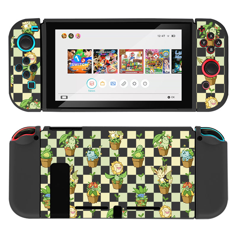 Introducing the Pokepots Case for Nintendo Switch by petimint, featuring a stunning black and green checkerboard pattern adorned with various Pokémon characters in flower pots. The screen displays the home menu with game icons, and the joy-cons have a matching themed design. Perfect for any cozy gamer!