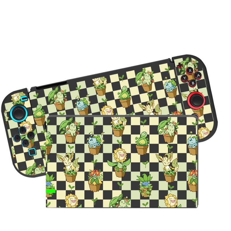 Petimint's Pokepots Case for Nintendo Switch features a stylish black and green checkered pattern adorned with various potted plants, including succulents and charming fictional plant creatures. The case includes colorful buttons, a screen with a matching patterned background, and is made from Soft TPU material to provide added comfort while holding your device.