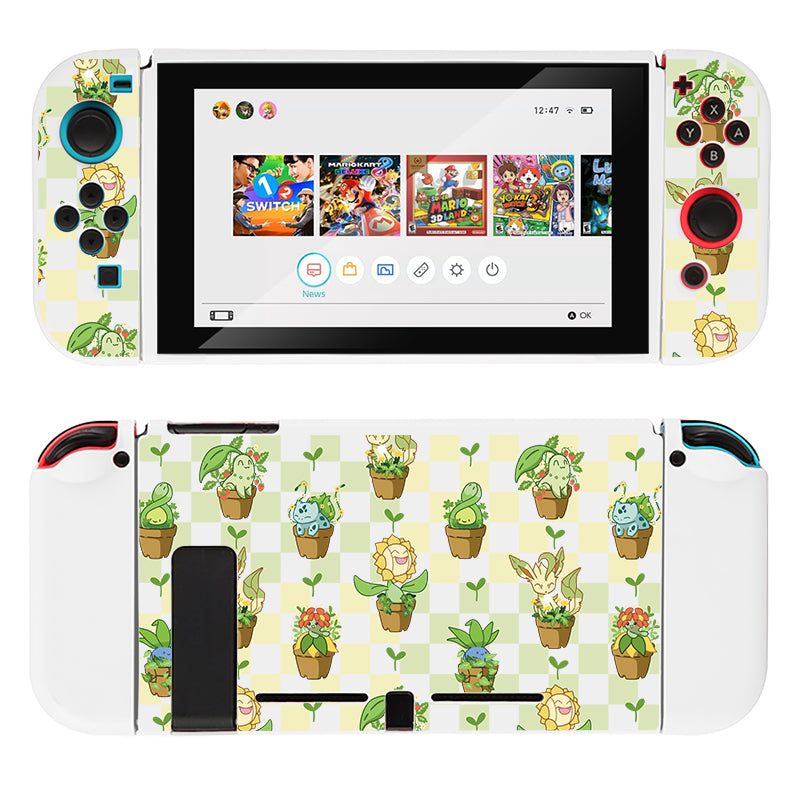 A Nintendo Switch console equipped with custom white Joy-Con controllers and a backplate featuring green Pokémon characters in pots on a checkered yellow and white background. The screen displays the home menu with various game icons, all neatly placed in a Soft TPU switch grip case for added protection, specifically the Pokepots Case for Nintendo Switch by petimint in White.