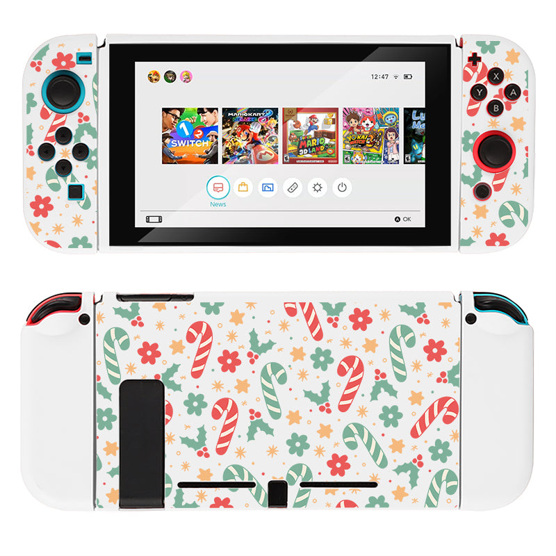 A Candy Cane Case for the Nintendo Switch by petimint, designed in festive holiday-themed colors of green, red, and white with patterns of candy canes, flowers, and snowflakes. Perfect for any gamer, the console's screen displays the home menu with various game icons.