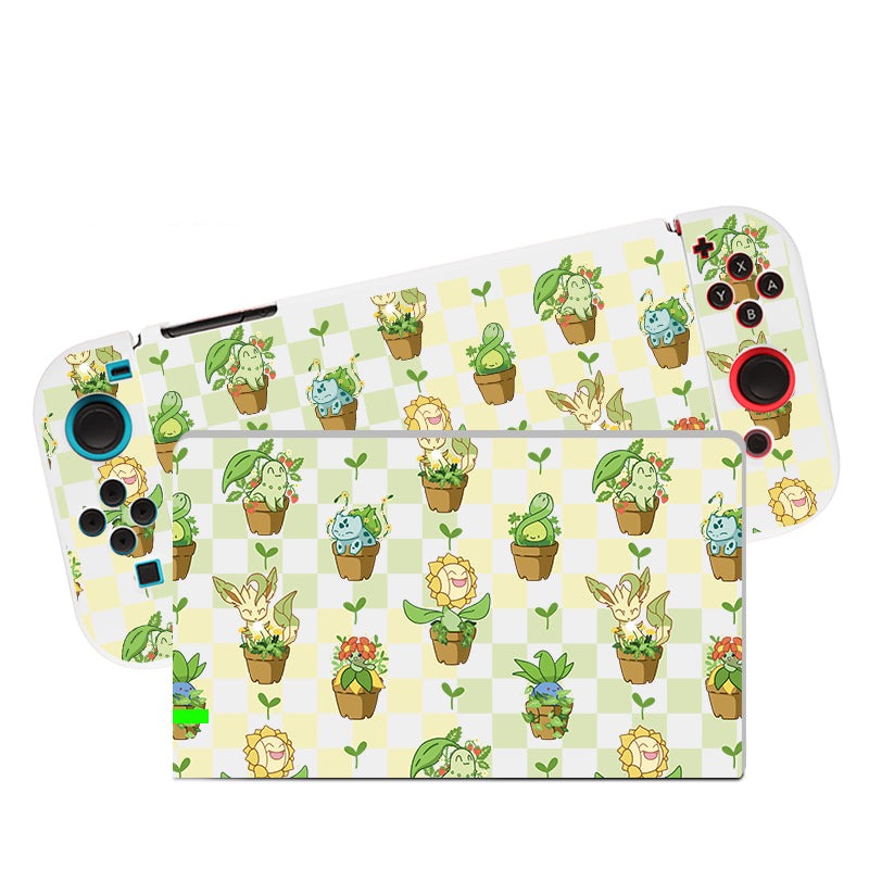 The Pokepots Case for Nintendo Switch by petimint is a handheld gaming console accessory with custom decals featuring various Pokémon-themed plant designs on a light green checkered background. This soft TPU switch grip case, colored in white, showcases plants resembling different Pokémon characters in pots, creating a whimsical and colorful appearance.