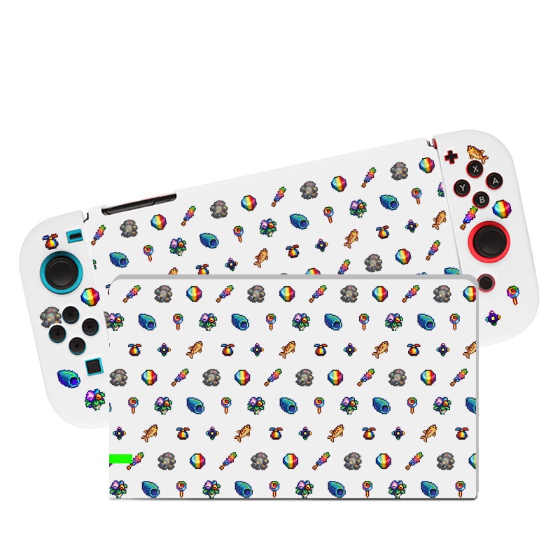 The Rainbow Stardew Items Case for Nintendo Switch by petimint is a white gaming console case decorated with a vibrant pattern of small icons, such as rainbows, animals, and various symbols. It accommodates the control buttons and joysticks on either side.