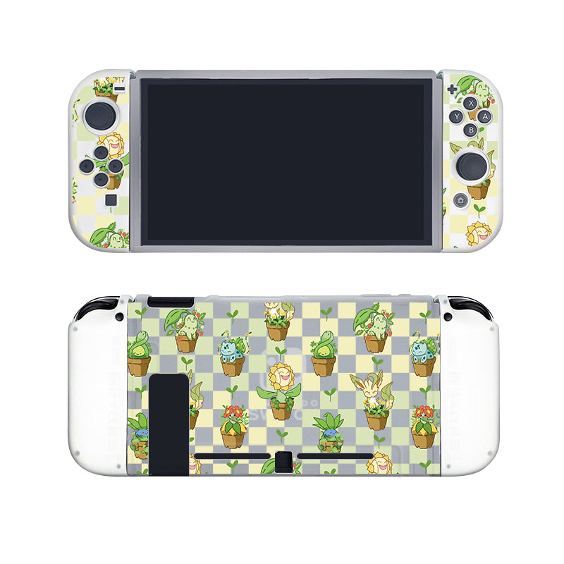 Introducing the Pokepots Case for Nintendo Switch by petimint—a handheld gaming console accessory with a custom skin adorned with various potted plants, including cacti, succulents, and flowers. The console is equipped with a Soft TPU switch grip case in Semi Clear for enhanced handling. Its front and back are showcased, featuring a checkered background in shades of green, yellow, and gray.